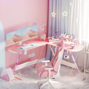 Mesa DE JUEGOS DE Pc en forma de L, Mesa de juegos, <span class=keywords><strong>escritorio</strong></span> de computadora, mesa de computadora grande rosa <span class=keywords><strong>para</strong></span> juegos <span class=keywords><strong>para</strong></span> <span class=keywords><strong>niñas</strong></span> - Product Image 1