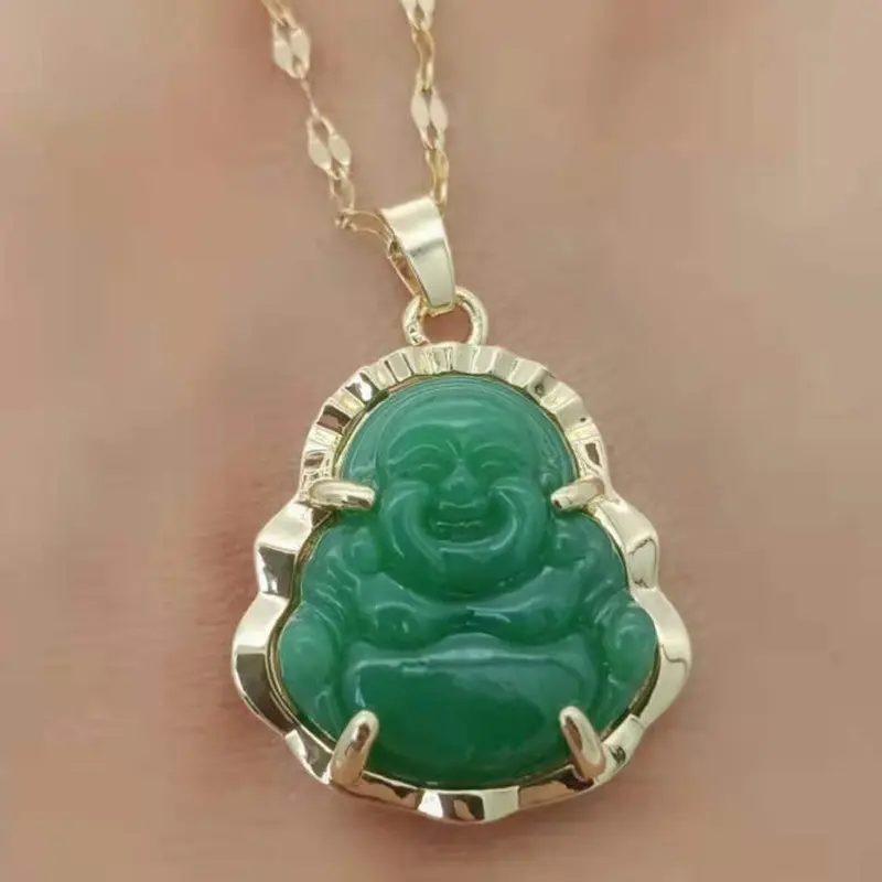 Ethnic Style Big Belly Maitreya Buddha Jade Pendant Necklace Stainless Steel Natural Green Jade Buddha Pendant Necklace