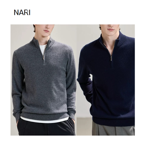 NARI Men's Cashmere Wool Blended Men's Zipper up Cable Knitted With <strong>Turtle</strong> <strong>Neck</strong> Embroidery Logo <strong>Sweater</strong> for Unisex - Product Image 2