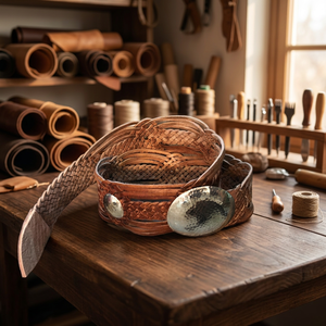 Ceinture en cuir véritable tressée avec conchos argentés, style classique, unisexe, design tissé marron - Product Image 6