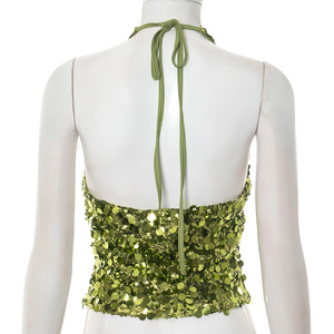 2025 Women Summer <strong>Glitter</strong> V Neck Halterneck <strong>Top</strong> Camisole Sexy <strong>Green</strong> Sequin Halter Neck Tank - Product Image 6