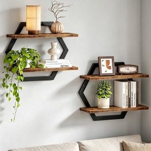 Paquete de 2 Estantes de Pared Hexagonales de Madera y Metal, Estantes Flotantes para Decoración de Pared para Dormitorio, Sala de Estar, Jarrones, Soporte para Plantas - Product Image 2