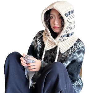 Fair Isle Knitted Wool Balaclava Hat With Neck Warmer For Women Autumn Winter Windproof Gray 56-58Cm - Product Image 5