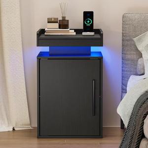 Mesita de Noche Estrecha de Madera MDF Negra Contemporánea con Puerta <span class=keywords><strong>y</strong></span> Luces de Control para Apartamento, Hogar, Dormitorio - Product Image 1