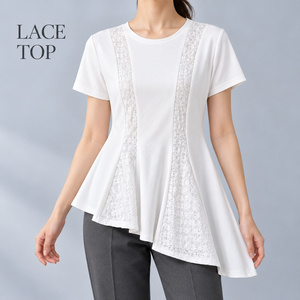 T-shirt d'été décontracté blanc asymétrique à col rond et manches courtes pour femme, avec volants et bordure en dentelle, vente en gros personnalisée - Product Image 1
