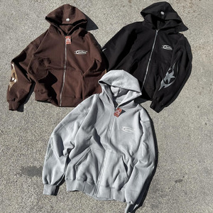 Custom Zip up Applique Distressed Embroidery Patch <strong>Oodies</strong> Streetwear Hoodie Oversized Sweatshirt Men Hoodie - Product Image 1