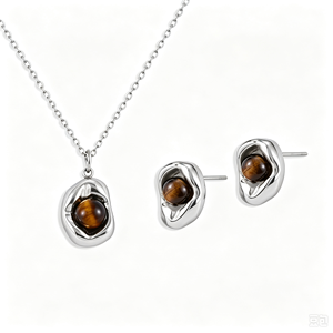 Ensemble collier et boucles d'oreilles pour femme moderne en acier inoxydable plaqué or 18 carats avec pendentif en pierre naturelle serti clos, idéal pour le quotidien - Product Image 6
