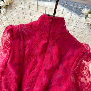 Robe longue élégante de haute qualité, coupe trapèze, amincissante à la taille, avec manches lanternes et broderies en maille, pour femme - Product Image 5