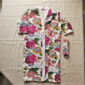 Floral Printed Cotton Velvet <b>Kimono</b> Robe With Full Sleeves And Matching Belt For <b>Women</b> Lounge And Home Wear - Product Image 1