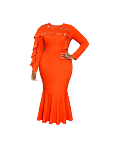 ADR051105 Robe de Soirée Sirène Midi Orange Élégante à Volants et Perles, Manches Longues, Taille Empire, Respirante et Écologique pour Femme - Product Image 1