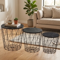 Ensemble de 3 tables basses rondes élégantes et modernes en fer noir, MDF et métal effet marbre