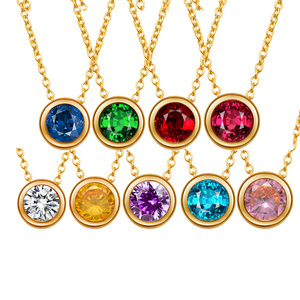 Collana in Acciaio Inossidabile con Pietra, Brillante Diamante, Piccola Pietra di Nascita Singola, Citrino, Ametista - Product Image 1