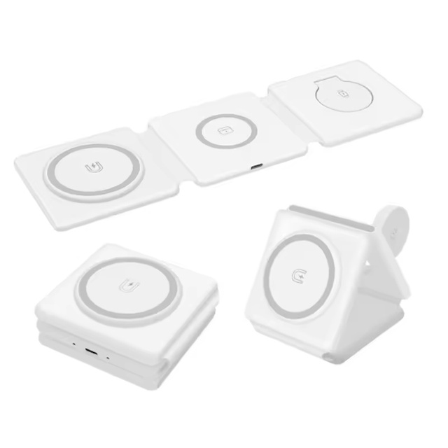 3-in-1 Folding Magnetic Wireless Charger Magnetic 15W Fast Charging ABS 9V/2A Mobile Phone Headset Watch Mobile Charger Factory