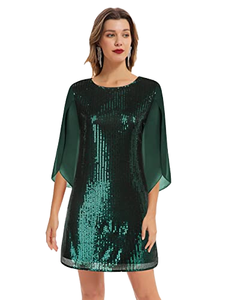 Wholesale <b>Emerald</b> Embroidered Sequined Cocktail <b>Dress</b> O-Neck Cape Sleeve Mini Glamorous Breathable Straight Fit Women Party Wear - Product Image 3