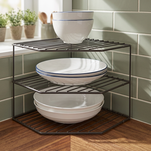Étagère à vaisselle en métal à trois niveaux, support de rangement vertical pour la cuisine, design minimaliste, empilable, organisateur de bols et d'assiettes - Product Image 6
