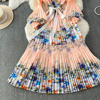 Robes Vintage pour Femmes, Robe Élégante Extensible Plissée à Manches Lanternes, Robe Longue Imprimée à Taille Nouée Amincissante avec Ourlet Volanté