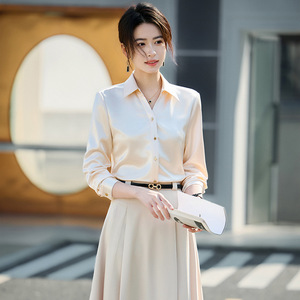 Women Satin Shirt Red Solid Color Long Sleeve Button Front Commuting Top - Product Image 3