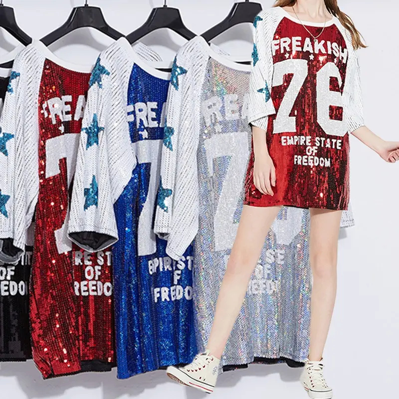 SC013 Custom Letter Print Casual Sequin Jersey Mini Dresses Loose Women For Stage Costumes
