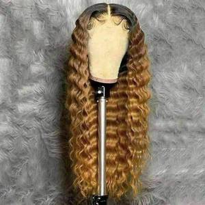 Perruques bouclées <span class=keywords><strong>blond</strong></span> miel à racines foncées en <span class=keywords><strong>cheveux</strong></span> humains pour femmes noires, perruque frontale en dentelle profonde bouclée ombrée colorée sur mesure en <span class=keywords><strong>cheveux</strong></span> humains. - Product Image 1