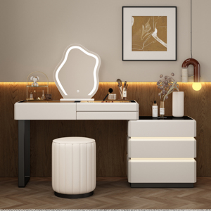 6 Nouvelles coiffeuses en bois massif blanc avec commodes intégrées, style sophistiqué crème, forme nuage, pour chambre à coucher - Product Image 5