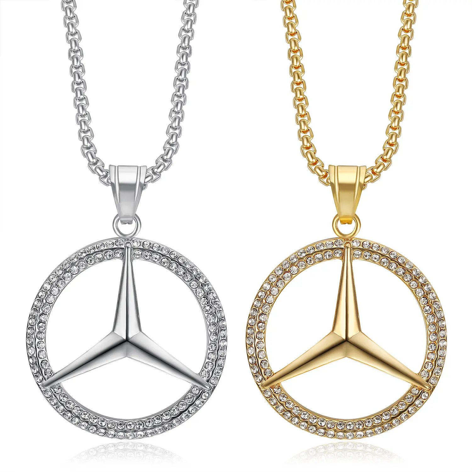 Hip Hop Mercedes Auto Logos Eiskarton Würfel Zirkonia Pvd Edelstahl Mode Schmuck Anhänger Halsketten 18K Gold plattiert