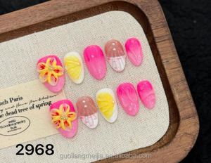 Uñas Postizas Hechas a Mano, Medianas, Almendradas, con Punta Francesa, Diseño de Flores Rosadas en 3D, Uñas Acrílicas para Mujer - Product Image 6