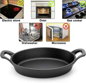 Enameled <b>Cast</b> Iron Oval Skillet with Wooden Serving Board Dual Handles Cooking <b>Pan</b> for Steak Fish - Product Image 3
