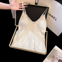 Summer Factory Ladies' Lace Pajamas Ice Silk Ribbed V Neck Sexy Breathable Elegant Nightdress Cozy Camisole Removable Chest Pads