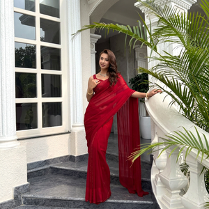 Wholesale <b>Red</b> Georgette Saree Striped Sequin Embroidery Designer Party Wear Indian Saree Unstitched <b>Blouse</b> Set - Product Image 1