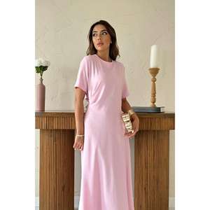 Vestido Casual Diario de Cuello Redondo Plisado Rosa Polvo al por Mayor, con Cintura Natural, Silueta Holgada y Tejido Transpirable - Product Image 3