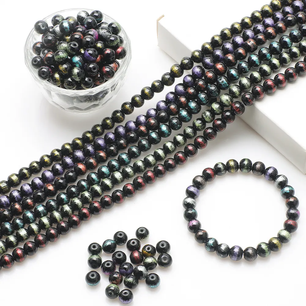 ZHB 8MM nébuleuse couleur noir perles de verre rondes en gros poudre en vrac revêtement cristal perles en vrac pour la fabrication de bijoux Bracelet