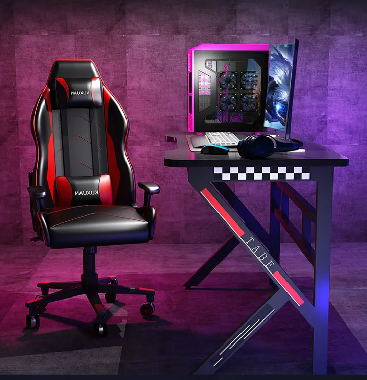 Amazon Diskon Besar Meja Gamer Komputer Grosir Lampu LED RGB Logam Karbon Viber Bentuk K Stabil Meja Gaming PC Balap