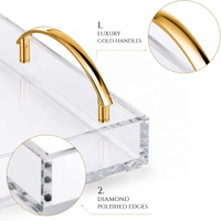 Plateau de service carré de luxe en acrylique transparent, compatible avec les aliments, avec poignées en métal doré, finition polie, qualité commerciale, décoratif moderne