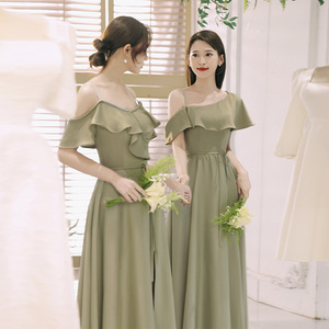 Bridesmaid Dresses Satin Off Shoulder Ruffle Long Green Wedding Party Dress Women's Spring Formal Gown - Product Image 3