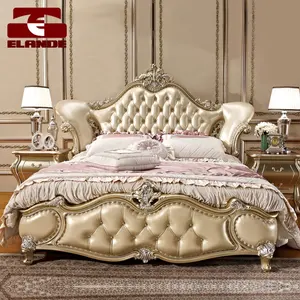 Cama de casal estilo champanhe dourada, cama de casal europeu, palácio de madeira sólida, princesa, cama de príncipe