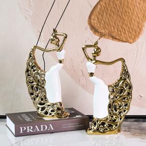 تمثال رقص طاووس سيراميك ذهبي أبيض فاخر شمالي-ديكور منزلي أنيق لغرفة المعيشة ، خزانة ، خزانة بار ، استوديو رقص - Product Image 2