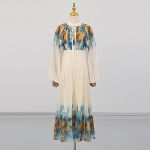 Abito stile <span class=keywords><strong>palazzo</strong></span> francese da donna 2025 <span class=keywords><strong>estate</strong></span> nuova camicia stampata con maniche a lanterna + gonna a vita alta a fiori Set due pezzi - Product Image 3