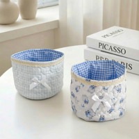 Panier de rangement en coton matelassé avec nœud et dentelle, motif cœurs rayés, pour pinceaux de maquillage, idéal pour le bureau