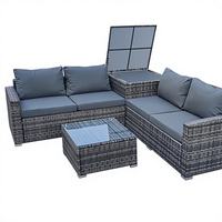 Ensemble de mobilier de jardin en rotin tressé PE avec boîte de rangement, canapé d'angle en forme de L rembourré et table en verre pour terrasse et cour