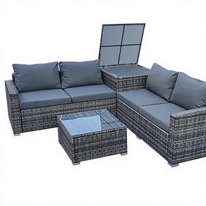 Ensemble <span class=keywords><strong>de</strong></span> mobilier <span class=keywords><strong>de</strong></span> <span class=keywords><strong>jardin</strong></span> <span class=keywords><strong>en</strong></span> rotin tressé PE avec boîte <span class=keywords><strong>de</strong></span> rangement, canapé d'angle <span class=keywords><strong>en</strong></span> forme <span class=keywords><strong>de</strong></span> L rembourré et table <span class=keywords><strong>en</strong></span> verre pour terrasse et cour - Product Image 1
