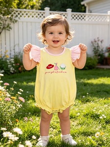 SR4105 rts Robe jaune pour bébé avec chapeau brodé, barboteuse sans manches en coton et élasthanne pour bébé, vente en gros - Product Image 1