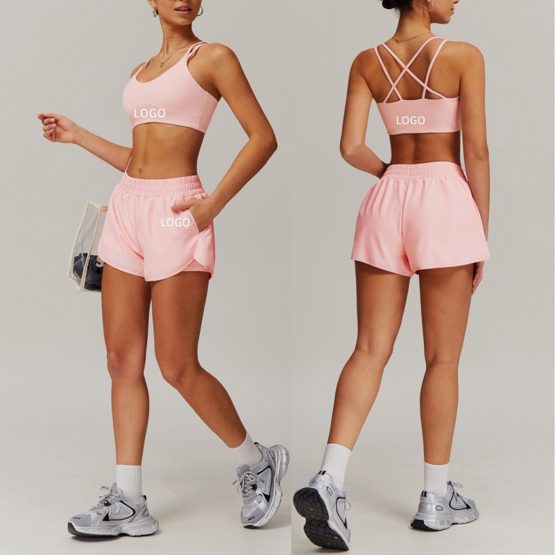 Aoyema New Active Wear Women Tight Quick Dry Tracksuit Sports Push up Cross Back Bra High Waist Yoga Loose Shorts Two Pieces Set