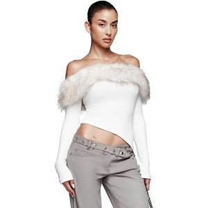 เสื้อครอปแขนยาวเปิดไหล่สีขาว ผ้าริบเนื้อนุ่ม สไตล์ Y2K สำหรับผู้หญิง ผลิตจากผ้าสแปนเด็กซ์และโพลีเอสเตอร์ ความยาวสั้น - Product Image 2