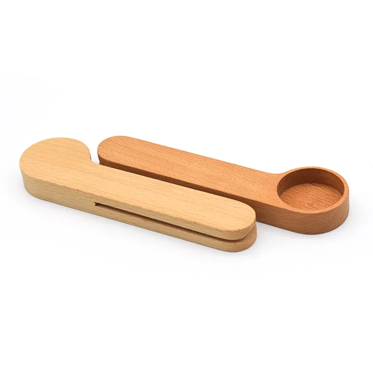 Wholesale Natural Beech Wood Coffee Spoon 2 in 1 Measuring Coffee Scoop With Clip