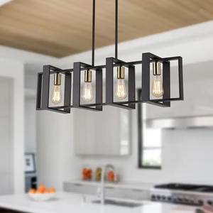 Luminaire suspendu rectangulaire en bois rustique et métal noir de 36 pouces, 4 lumières, design de ferme pour îlot de <span class=keywords><strong>cuisine</strong></span>, lustre industriel - Product Image 5