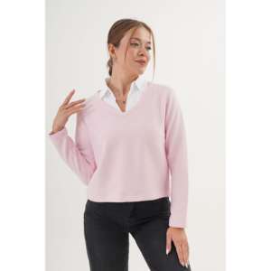 Blusa de punto rosa con cuello de camisa para mujer, top de manga larga sencillo para el día a día, anti-bolitas, color piedra - Product Image 5