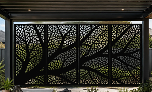 Moderna Pantalla de Jardín de Acero Cortada con Láser, 4 Paneles, Diseño Translúcido de Plantas, Valla Decorativa para Exteriores, Divisor con Estructura de Marco Fijo - Product Image 1