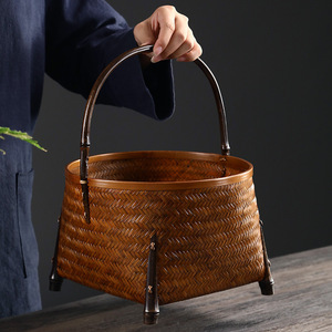 Bamboo woven four-legged handle <b>basket</b>, retro <b>storage</b> box, Kung Fu tea set, round desktop <b>storage</b> <b>basket</b>, snack <b>basket</b>, <b>large</b> - Product Image 4