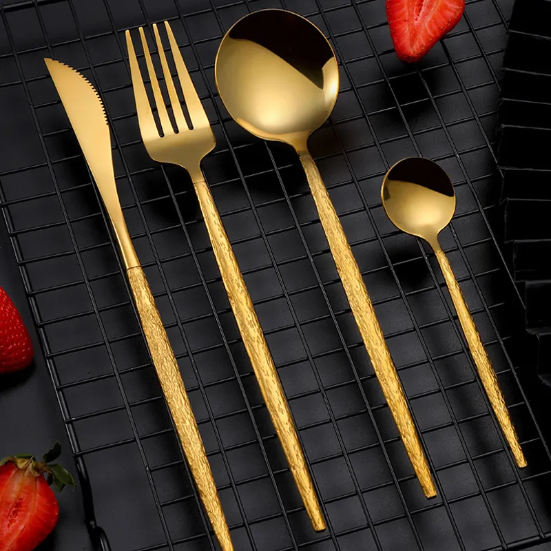 Embossed Portuguese Tableware Cutlery Set Gold Stainless Steel 410 Silverware Tableware Set