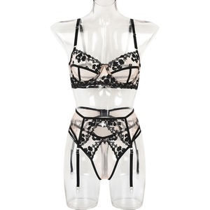 Arrivals Japanese Mature Women Sexy Fantasy Revealing Black Embroidered See Through in Transparent Lingerie Set With Garter - Product Image 5